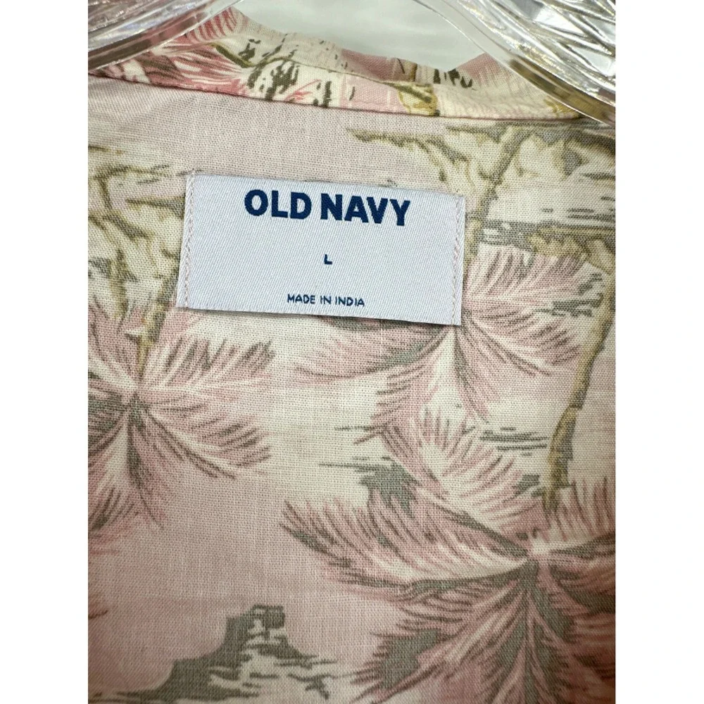 Old Navy Mens Large Pink Tropical Palm Tree Camp Shirt Short Sleeve Button Down